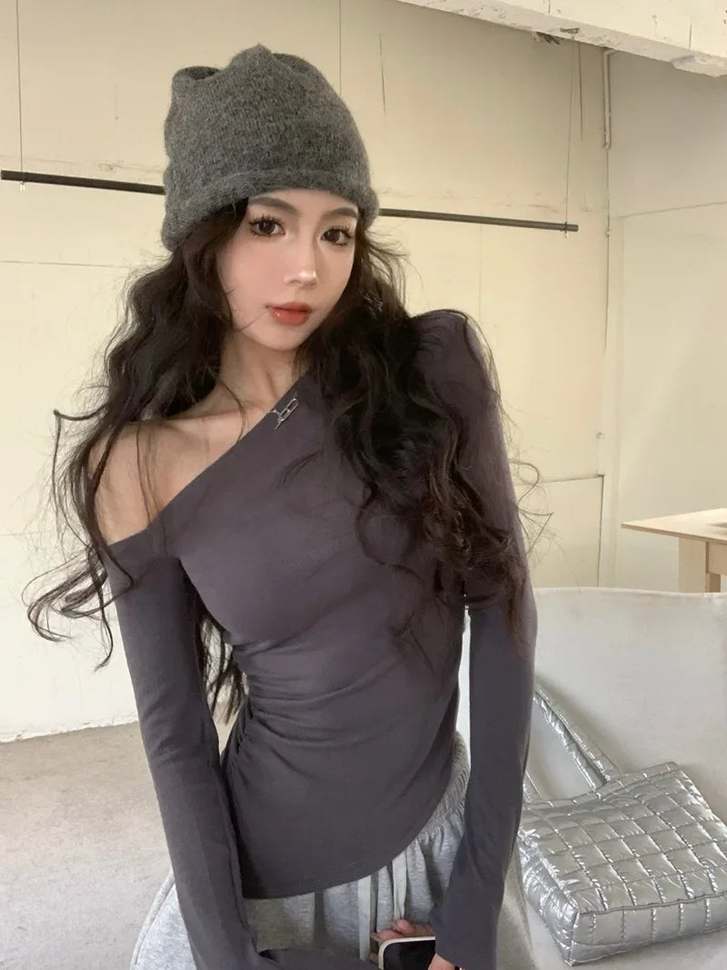 SexySpicy Girl Style Blackoff-the-Shoulder Long Sleeve T-shirt Slimming Smooths Your Silhouette Nefarious Crossbody Top For Wome