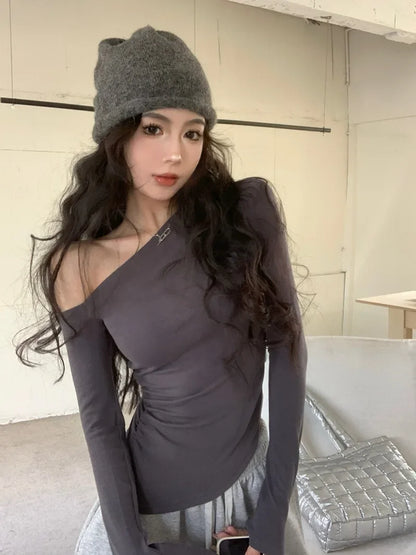 SexySpicy Girl Style Blackoff-the-Shoulder Long Sleeve T-shirt Slimming Smooths Your Silhouette Nefarious Crossbody Top For Wome