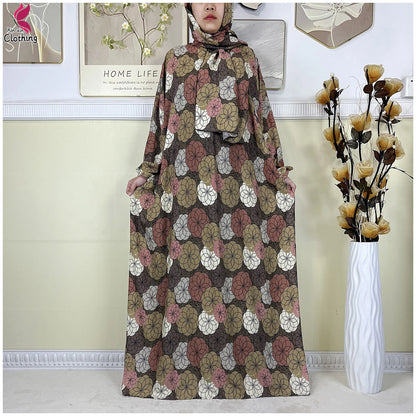 2025 New Muslim Abayas For Women Ramadan Prayer Garment Dubai Middle East Femme Robe Cotton Loose African Dress Turban Attached.