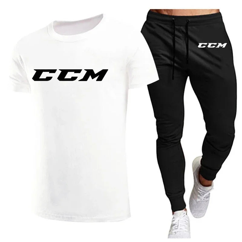 CCM New Men's Tracksuits summer men's sets fitness wear short-sleeved T-shirts+trousers set cotton brand Men's clothing.