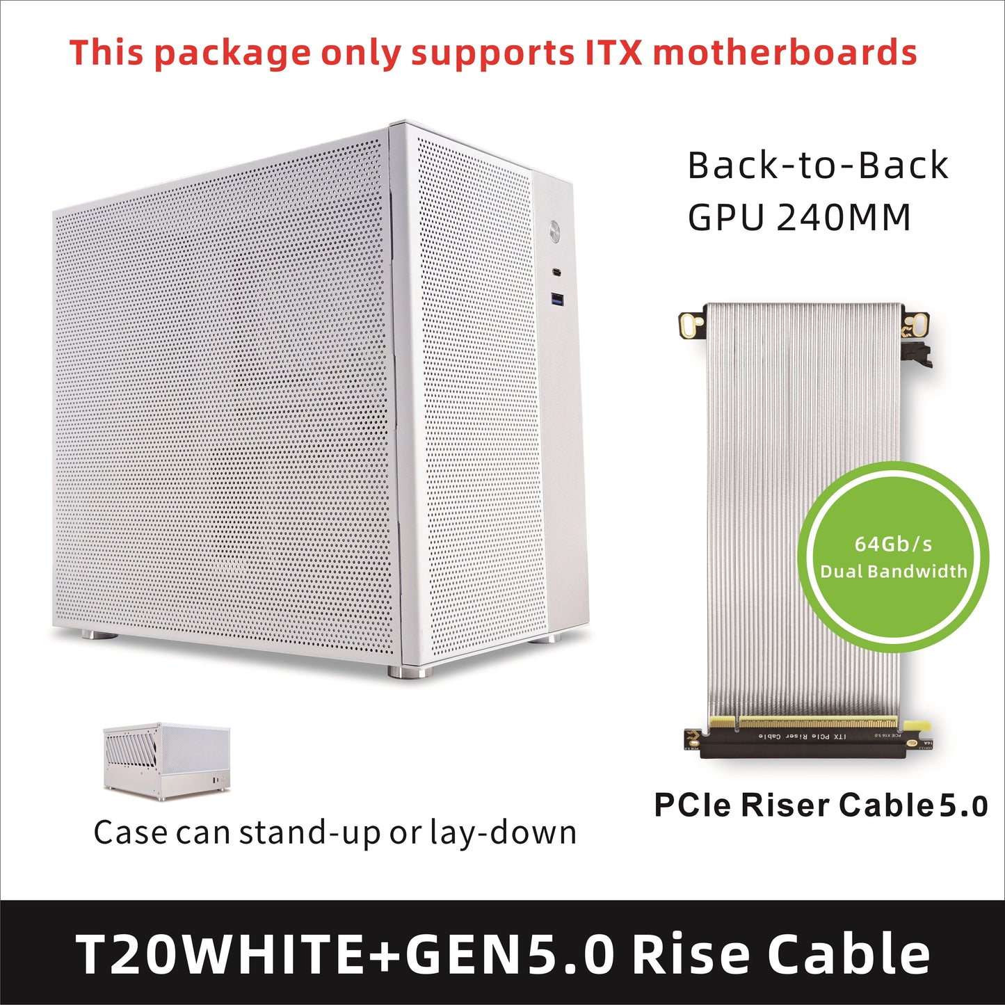 METALFISH T20 Mini ITX White Case 9L Compact PC Chassis Support Flex PSU/240mm GPU/100mm Cooler/180 Liquid Cooler.