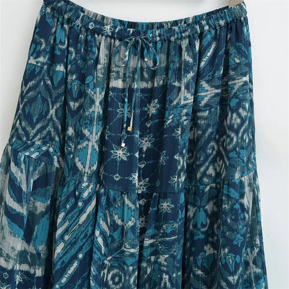 2024ZAR * Spring/Summer New Women's French Metallic Line Printed Cover Up High Waist Elastic Lace up Long Dress.