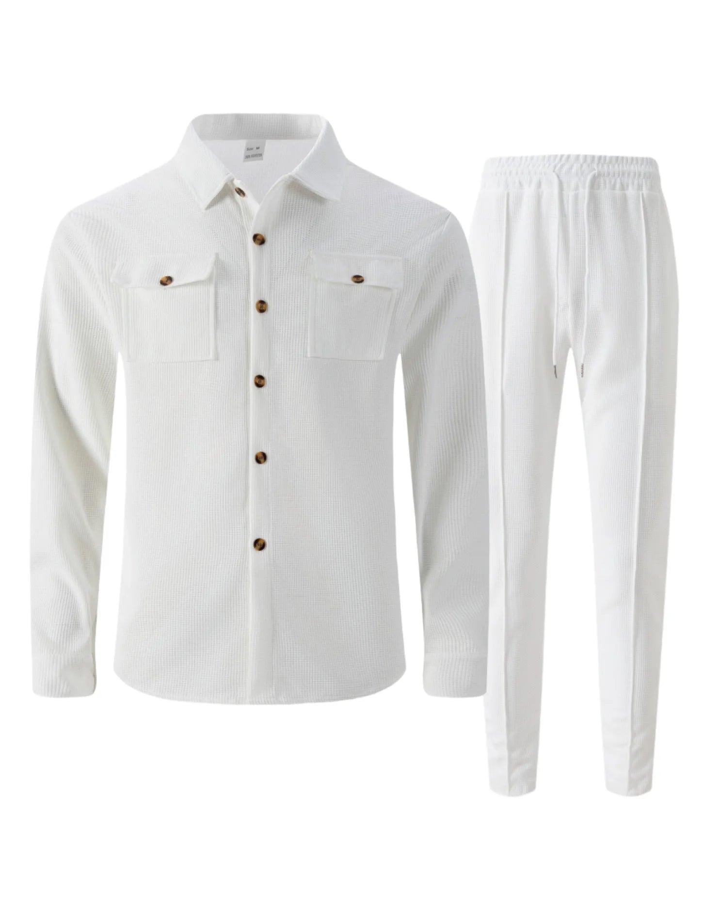 New autumn style waffle long-sleeved solid-color double-pocket buttoned cardigan shirt and pants set.