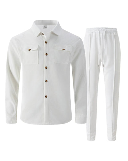 New autumn style waffle long-sleeved solid-color double-pocket buttoned cardigan shirt and pants set.