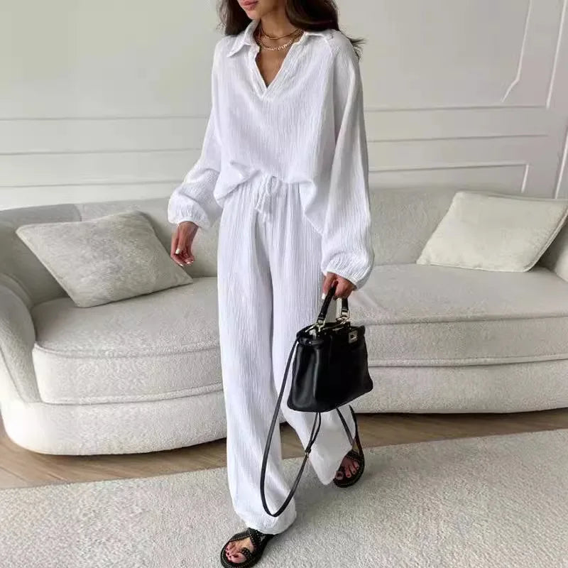 Women's Suit Solid Color Casual Loose 2025 Elegant Spring And Summer Fashion New Long-sleeved Lapel Top + Drawstring Pants Suit.