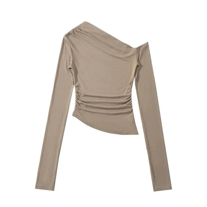 Slim Fit Long Sleeve T-Shirt Irregular Hem Slant Collar Pleated Pure Desirable Sexy Top for Women Fashionable Autumn New Style