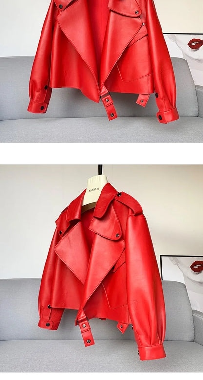 Schaffellmantel für Damen, Lederjacke, Winter, Frühling, Moto, Biker, echt, Top-Qualität, Schwarz.