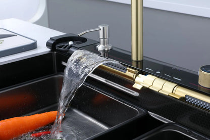 Golden Household Stainless Steel Waterfall Kitchen Sink MultiFunction Wash Vegetable and Dish Countertop Basin Large Single Slot