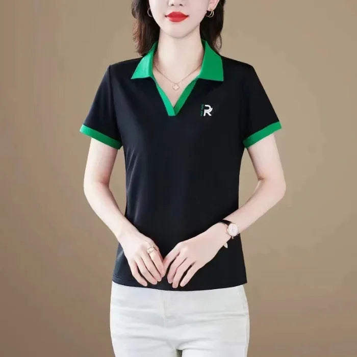 Loose Fit Polo Shirt Short Sleeve Turn-down Collar T-shirt for Middle-aged Mothers Summer New Style Sport Casual Top plus Size.