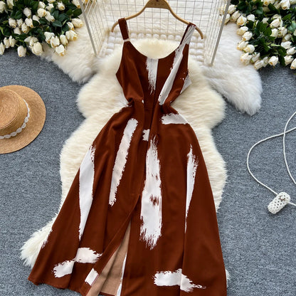 Neue Sommer Druck Süße Kleid Träger O Neck Backless Split Elegante Damen Urlaub Strand Party Midi Sommerkleid.