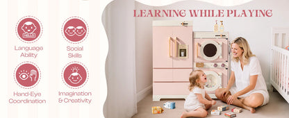 Robotime Robud Kids Corner Kitchen Playset Wooden Play Kitchen Set with Realistic Sound Pretend Play Gift for Boys Girls Pink.