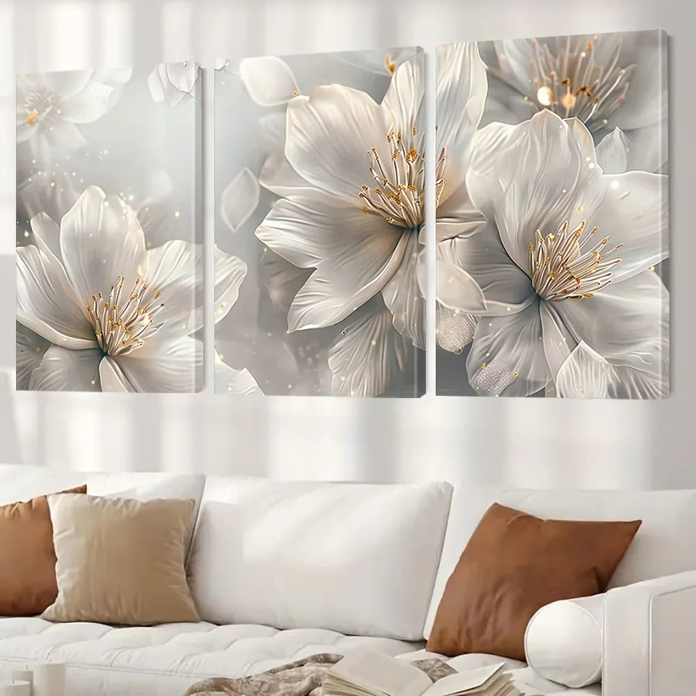 3pcs of fashionable white flower canvas wall art, blooming beautiful flower painting printmaking pictures, abstract flower wall.