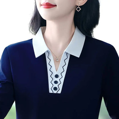 2025 Autumn New Women Clothes Office Lady Simplicity Patchwork Polo-Neck Top Tee Ladies Fashion Loose Buttons Long Sleeve Shirts