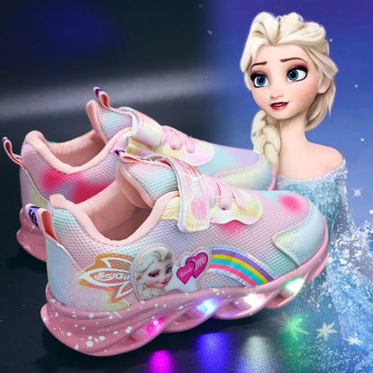 Disney Casual Sneakers LED Lighted For Spring Girls Frozen Elsa Princess Rainbow Outdoor Children Non-slip Pink Purple Shoes.
