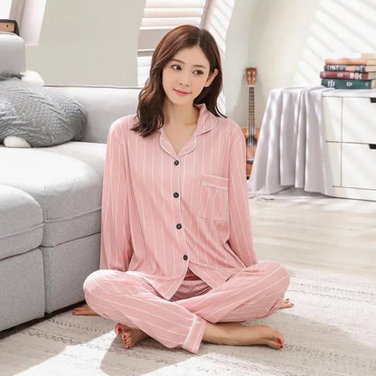 Four Seasons Damen-Pyjama-Set mit Revers-Oberteil und langer Hose, kariert, gestreift, bedruckt, 2-teiliges Set, Damen-Nachtwäsche, Homewear