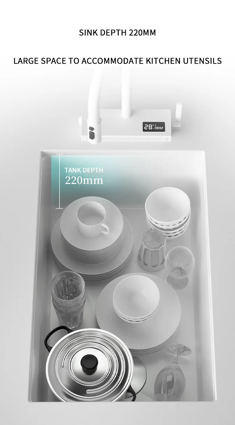 White Stainless Steel Kitchen Sink with Digital Display Multifunction Waterfall Faucet large Wash Basin for Kitchen Accessories