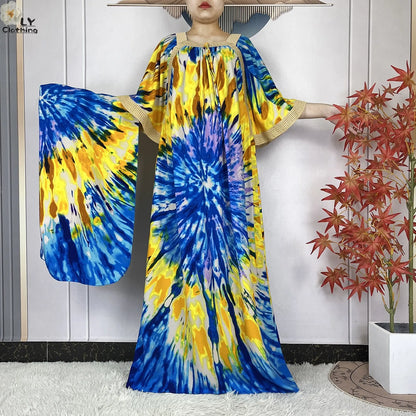New Muslim Dress Woman Short Sleeve Dashiki African Abaya Tie-dyed Printing Cotton Loose Femme Robe Islamic Dresses With Scarf