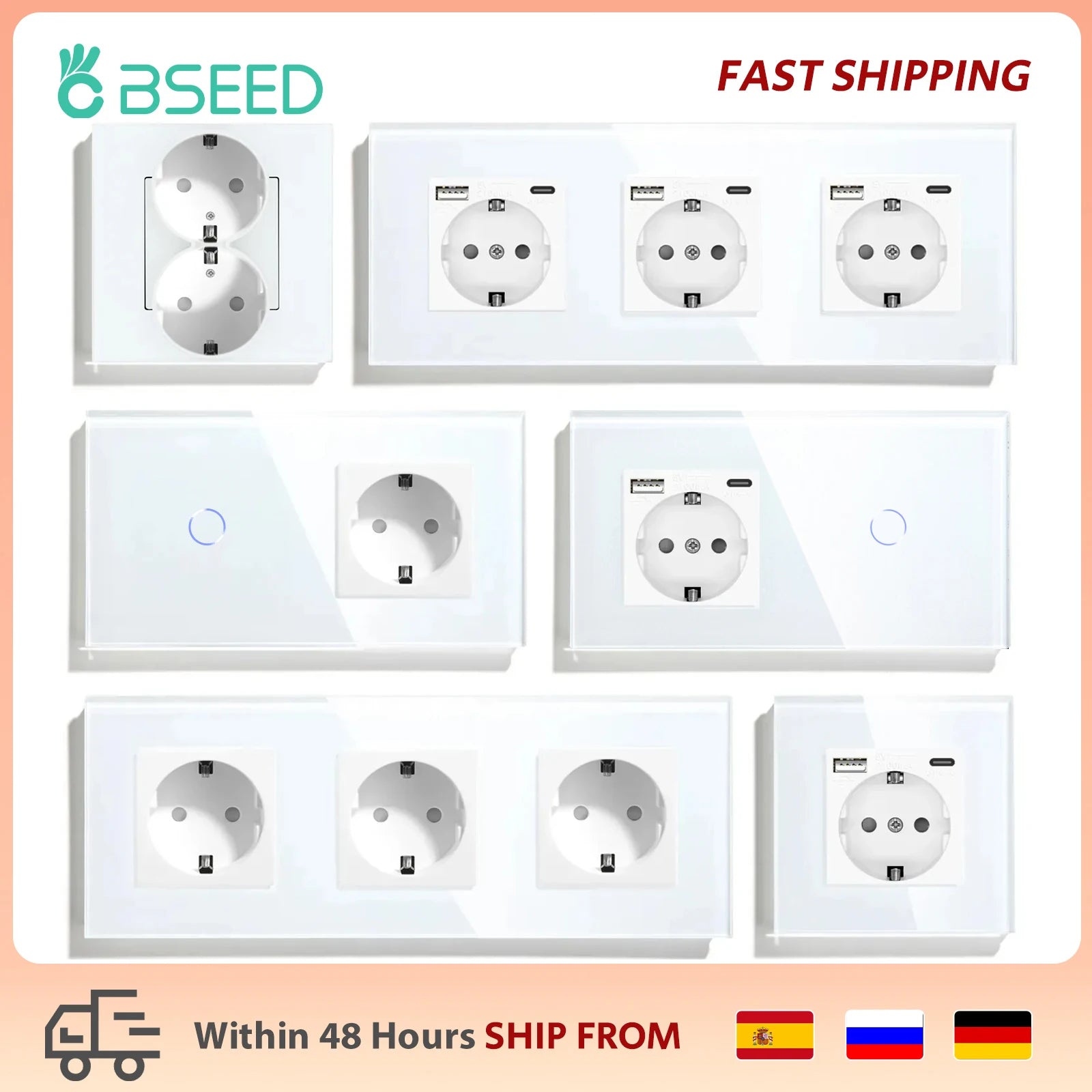 BSEED Touch-Lichtschalter mit EU-Stromsteckdosen, weiße Wand-LED-Schalter, 1/2/3 Gang, 1-Wege-Kristallglas-Panel, dunkle Hintergrundbeleuchtung.