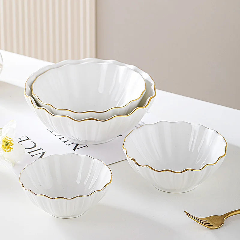 European high-end gold edged ceramic bowl, fruit salad bowl, household breakfast rice noodle bowl, hotel restaurant tableware.