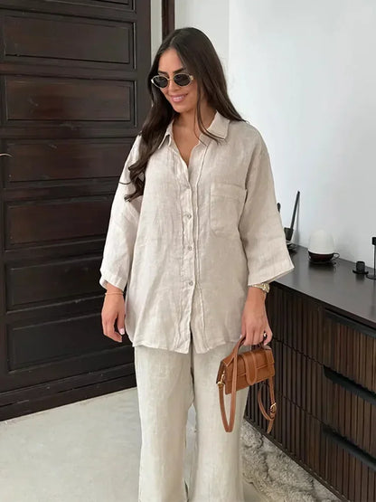 Women Vintage Solid Loose Pants Suit Lapel Single Breasted Long Sleeve Shirt Wide Leg Pants 2 Pcs Set 2025 New Ladies Streetwear