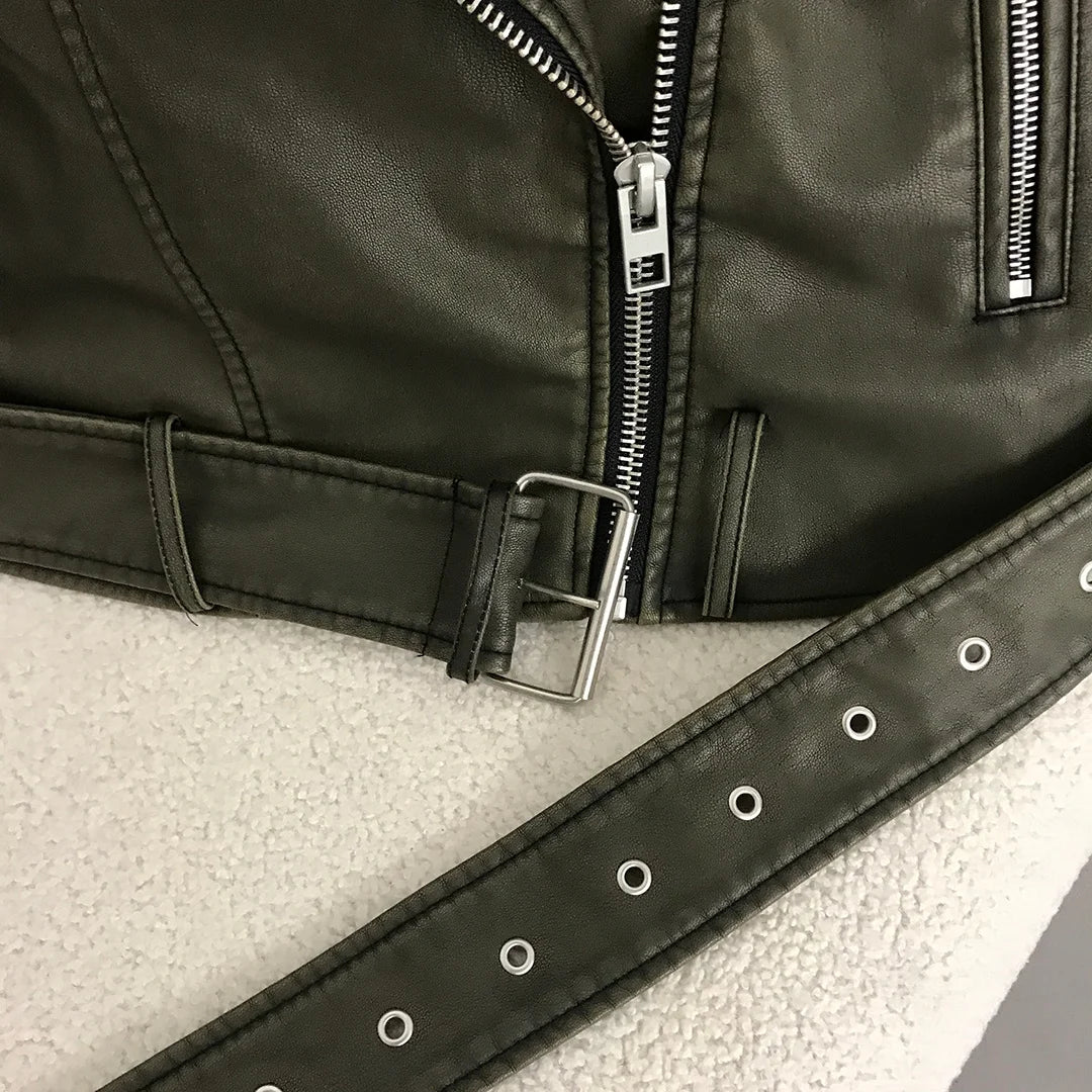 Neue Frühjahr Frau Faux Leder Jacke Chic Vintage Amerikanische straße tragen Kurze Revers Zipper Gürtel Biker Mäntel Mode Streetwear.