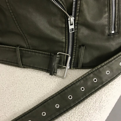 Neue Frühjahr Frau Faux Leder Jacke Chic Vintage Amerikanische straße tragen Kurze Revers Zipper Gürtel Biker Mäntel Mode Streetwear.