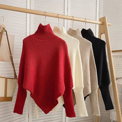 2025 Korea Herbst Winter Frauen Mode Unregelmäßigen Lose Stricken Pullover Vintage High Neck Langarm Weibliche Pullover Chic Tops.