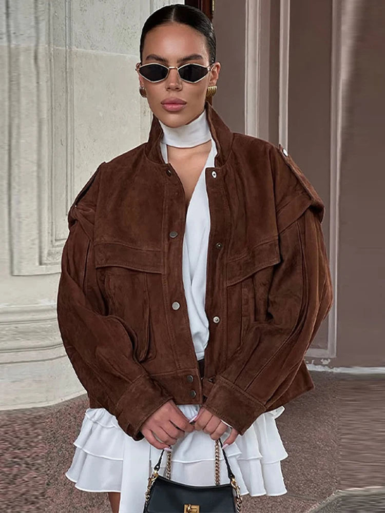 Wildleder Fleece Taschen Damen Jacken Mode Einreiher Langarm Mäntel Lose Gerade Kurze Tops Herbst Warme Kleidung.