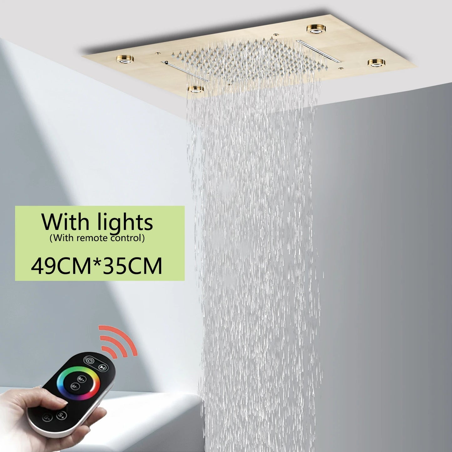 Brushed Ceiling Shower Head with LED Lights 36*50cm Large Rainfall Faucet Bathroom Tap Stainless Steel Smart Square Sprayer