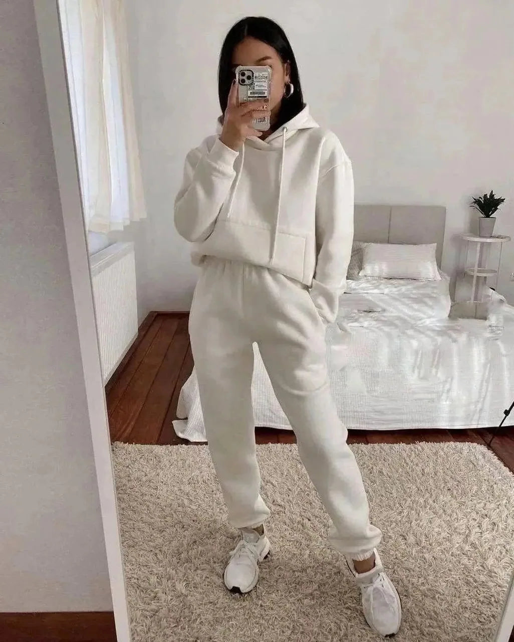 Women's Pocket Long-sleeved Hooded Sweatshirt Casual Set Autumn Winter New Solid Color Loose Sport Long Pants 2 Piece Set Female