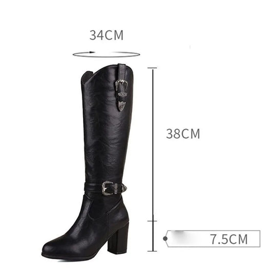 Girseaby British Style Women Knee High Boots Round Toe Block Heel 7.5cm Zipper Plus Size 51 52 Fashion Riding Bota.