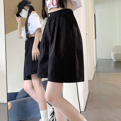 2025 Summer Women Casual Daily Khaki Short Pants Female High Waisted Cargo Shorts Girls Retro Baggy Wide Leg Slacks.