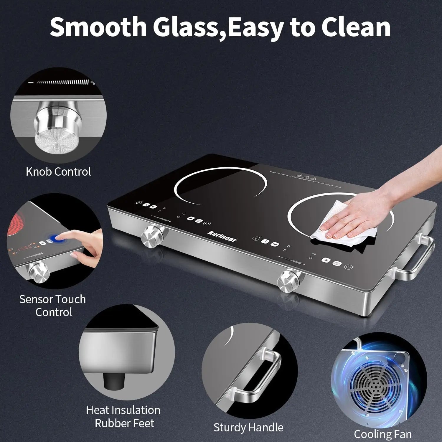 Karinear Ceramic Hob 2 Zones, 3200W Plug in Electric Hob with Safety Lock, Knobs&Touch Control, 56cm Coutertop Freestanding 240V.