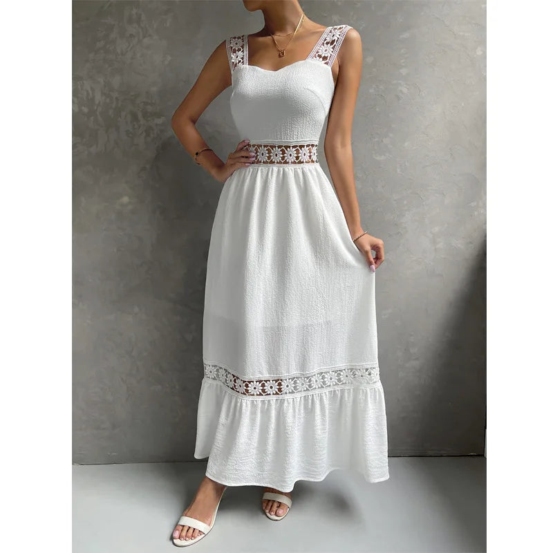 Weiße Lange Kleid Frauen Sommer Sexy Sleeveless Backless Maxi Kleider Damen Elegante Hohle Heraus Spitze Kleid Boho Sommerkleid Vestidos.