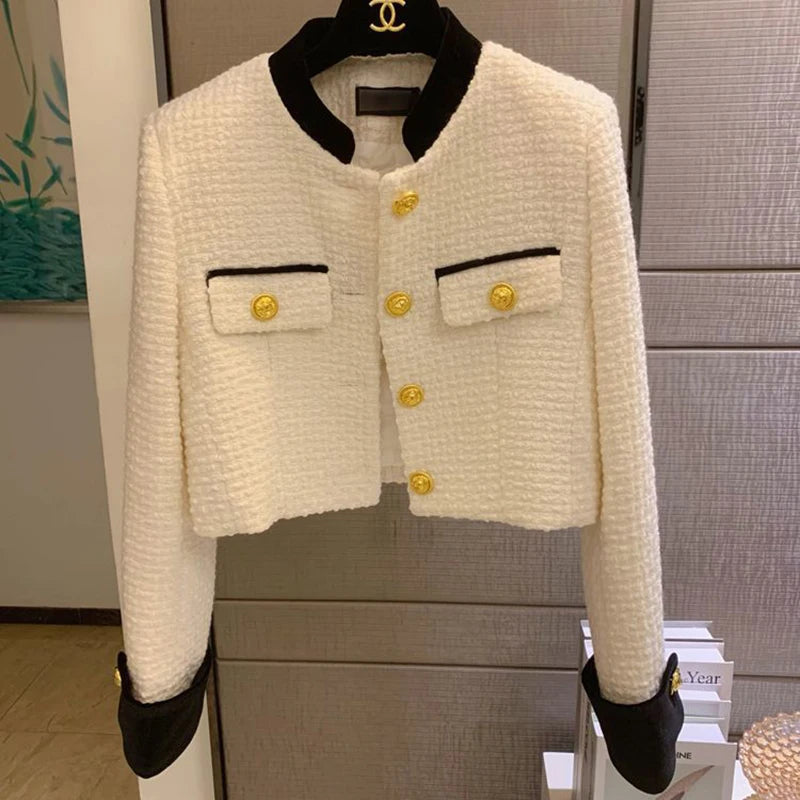 Mode Nähen Tweed Kurze Jacke Frauen Herbst Winter Elegante Büro Dame Mantel Y2K Koreanische O Neck Einreiher Crop Outwear.