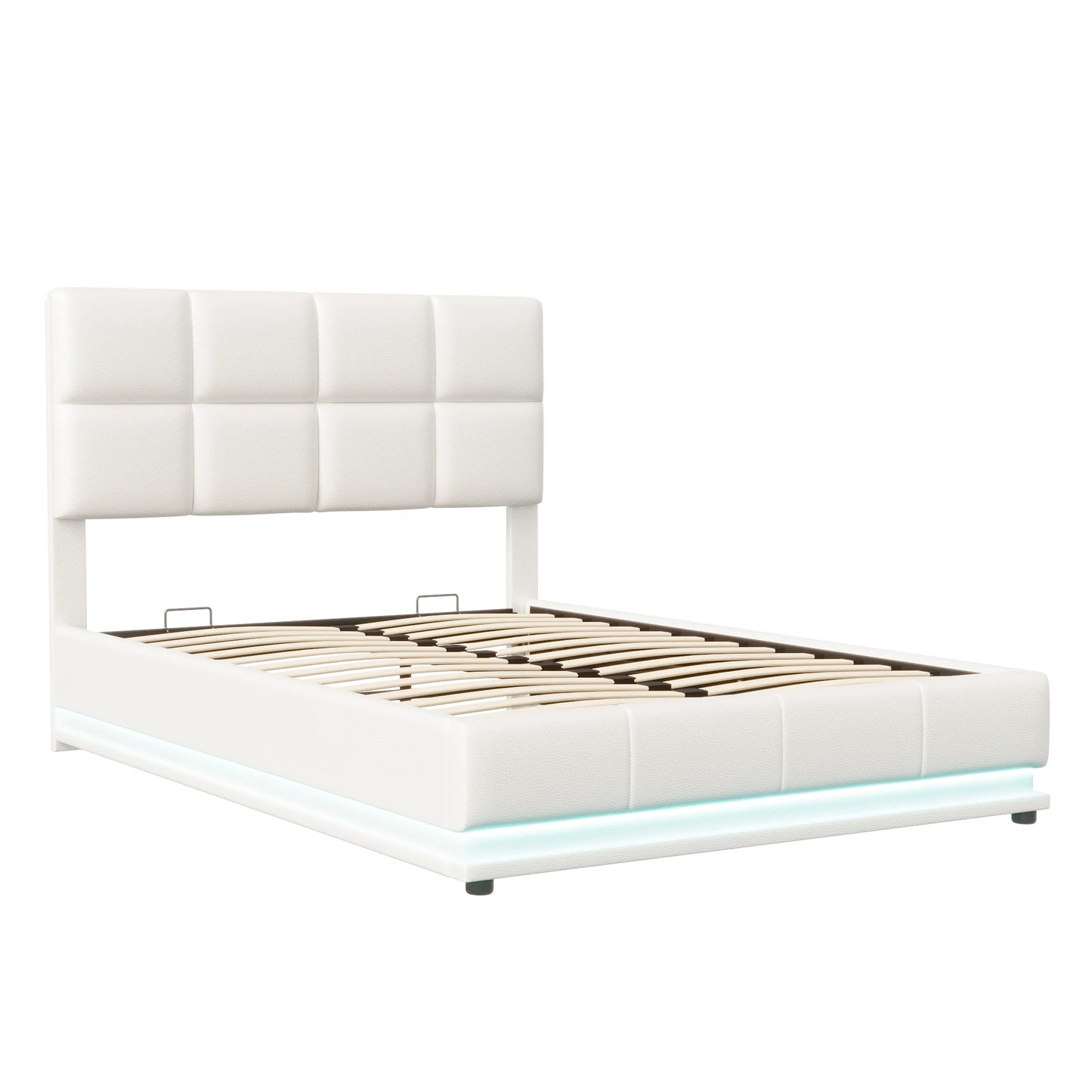 Comanlai Polsterbett 140 x 200 cm mit LED-Leuchten, hydraulisches Bett mit Stauraum, Doppelbett mit Lattenrost, Kunstleder, weiß