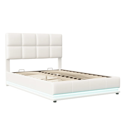 Comanlai Polsterbett 140 x 200 cm mit LED-Leuchten, hydraulisches Bett mit Stauraum, Doppelbett mit Lattenrost, Kunstleder, weiß