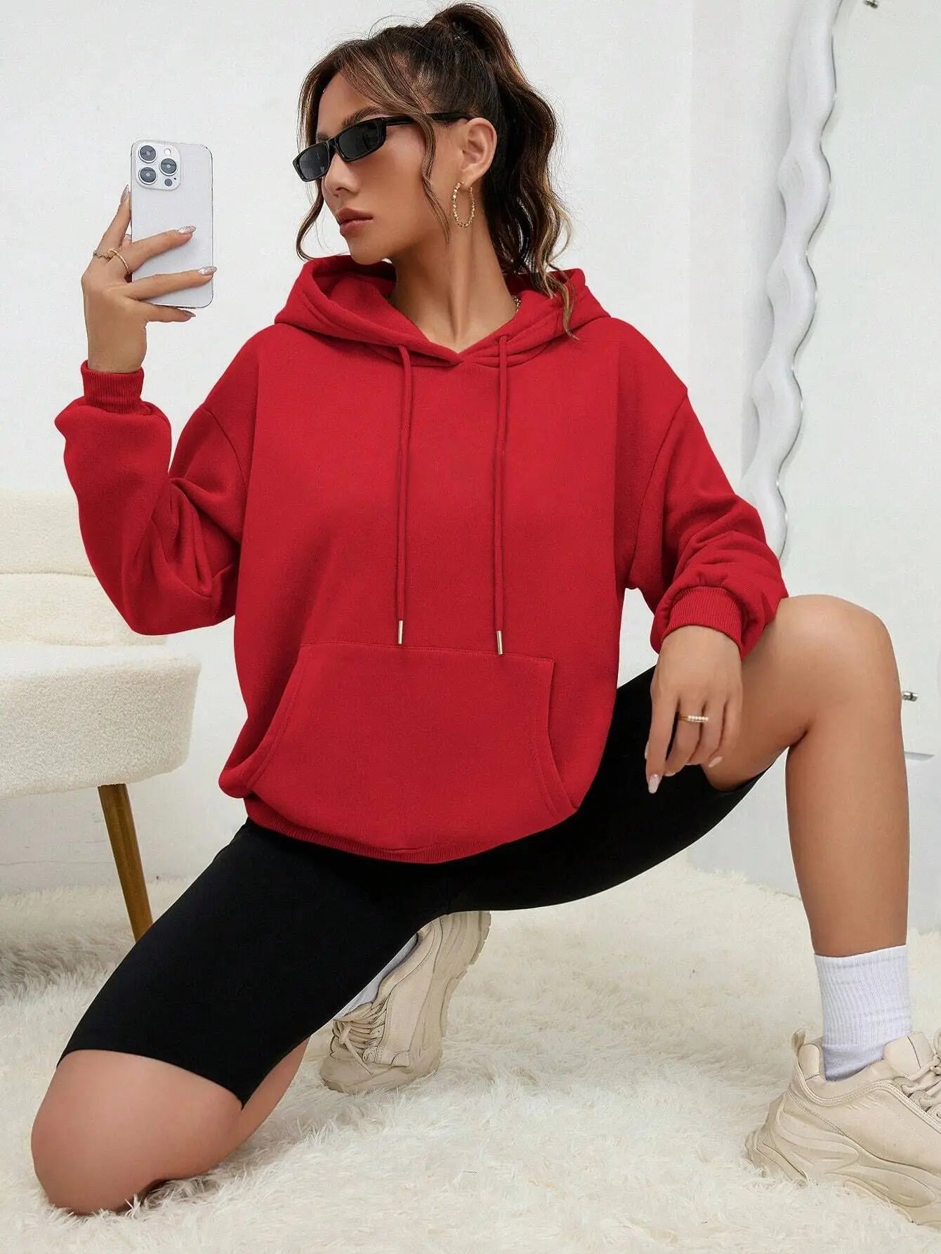 Einfarbiger Hoody für weibliche Herbst modische Kleidung lässige Fleece Tasche Hoodies mehrfarbige Unisex Frauen Streetwear