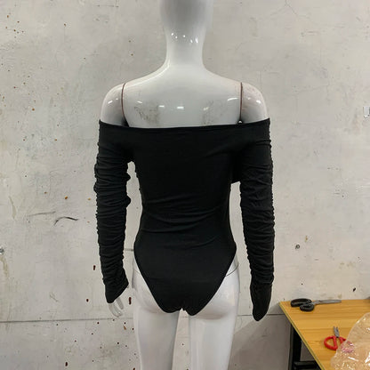 Women's Autumn One Shoulder V-Neck Pleated Long Sleeve Top Tight Fitting Temperament Jumpsuit New Collection.