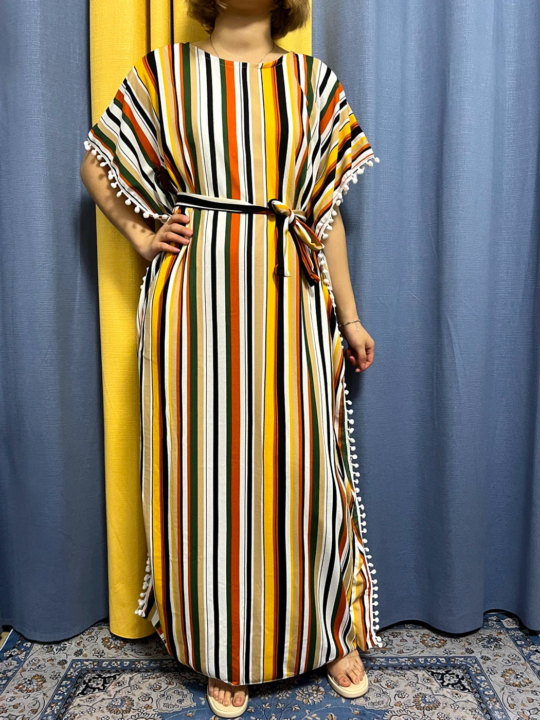 Abayas For Women 2024 Printed Vertical Stripe Tassels Elasticity Loose Fit Femme Robe African Woman Dresses With Belt Headscarf