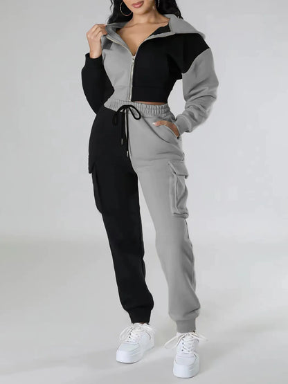 Women Loose Autumn Winter Two Pieces Suit Matching Sets Hoodie Tracksuit Blocked Zipper Short Outerwear Drawstring Cargo Pants.