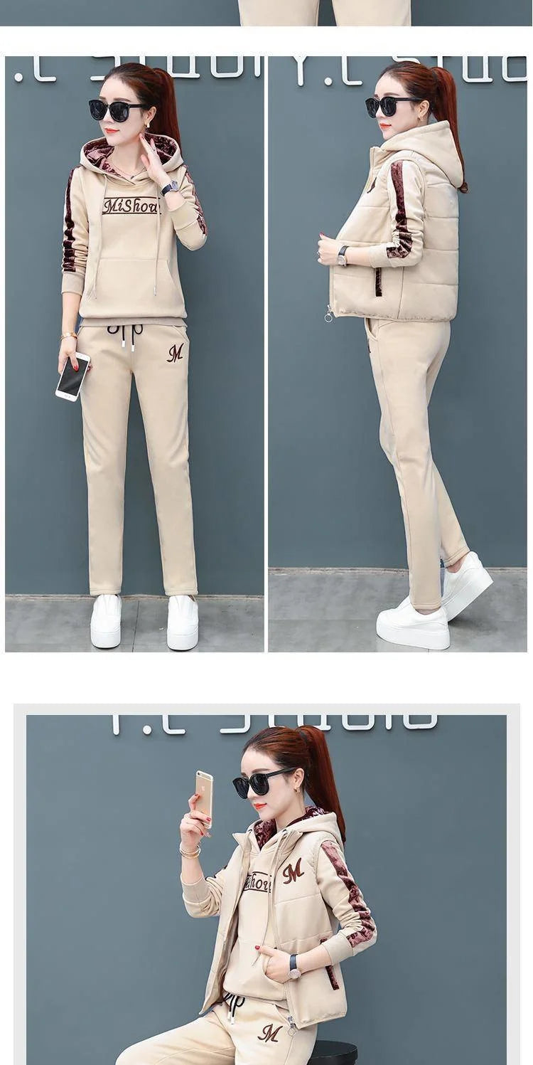 Women's Fashion Plush Thickened Sweat Suit 2025 Autumn Winter New Casual Hooded Tops Waistcoat Pants 3 Three Piece Set For Women.