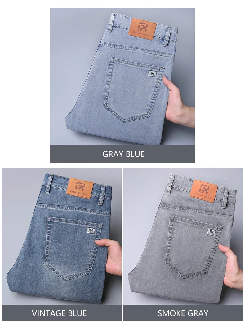 Summer Thin Men's Straight Loose Gray Jeans Soft Fabric Lyocell Fabric Light Colored Casual Pants Male Brand Trousers.