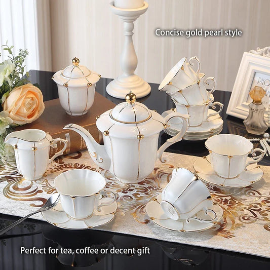 Gold Pearl Bone China Coffee Set British Porcelain Tea Luxury Ceramic Pot Creamer Sugar Bowl Teatime Teapot Cup Mug.