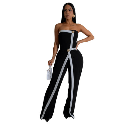 Elegant Sleeveless Wrap Chest Women's Button Strapless Irregular Jumpsuits 2025 One PieceWide Leg Outfits Night Club Streetwear