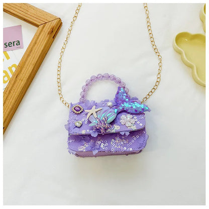 Lovely Sequin Girls Square Shoulder Bag Fish Tail Starfish Princess Crossbody Bags Bead Handle Children's Small Handbags Purse