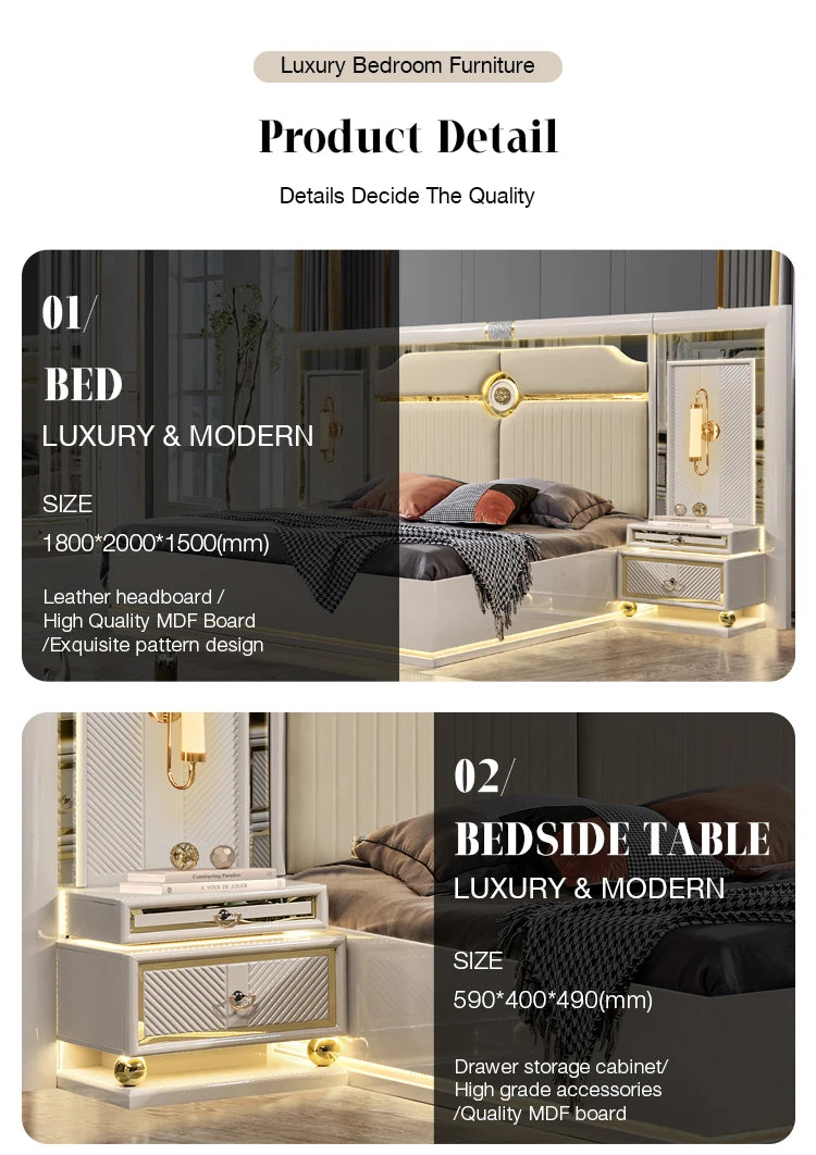 Türkisches Holzrahmen-Doppel-Kingsize-Bettsofa für Zuhause, modernes, luxuriöses, komplettes Schlafzimmermöbel-Set aus Holz