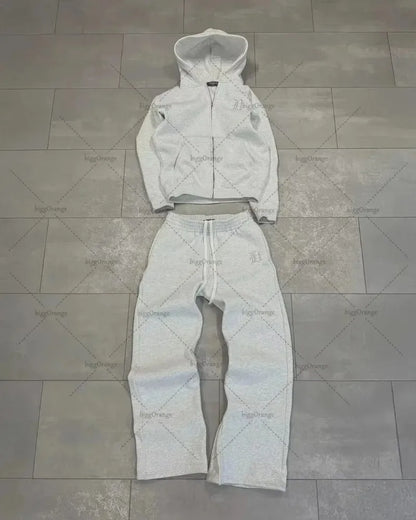 Europäischen und Amerikanischen Retro Männer Anzug Brief Gestickte Zipper Hoodie Frauen Modische Casual Lose Grau Gerade Hosen.