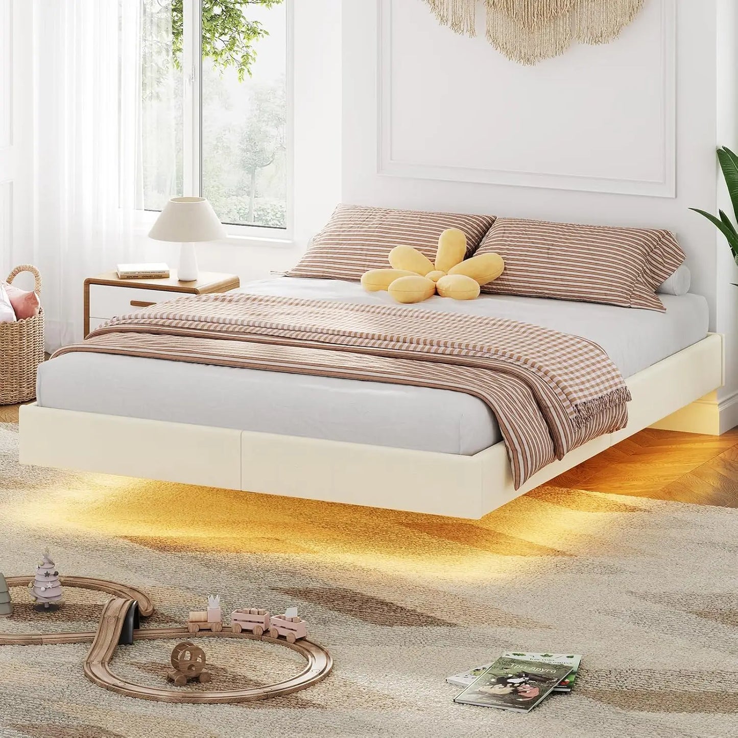 140x200 cm Polsterbett mit LED-Beleuchtung, schwebendes Bettgestell mit visuellem Effekt und Lattenrost, Bett 140x200 cm Bettrahmen