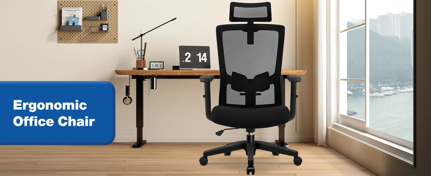 AUTHMIC Ergonomischer Bürostuhl, Netzrückenlehne, verstellbare Armlehnen, Lordosenstütze, drehbarer Schreibtischstuhl für das Heimbüro